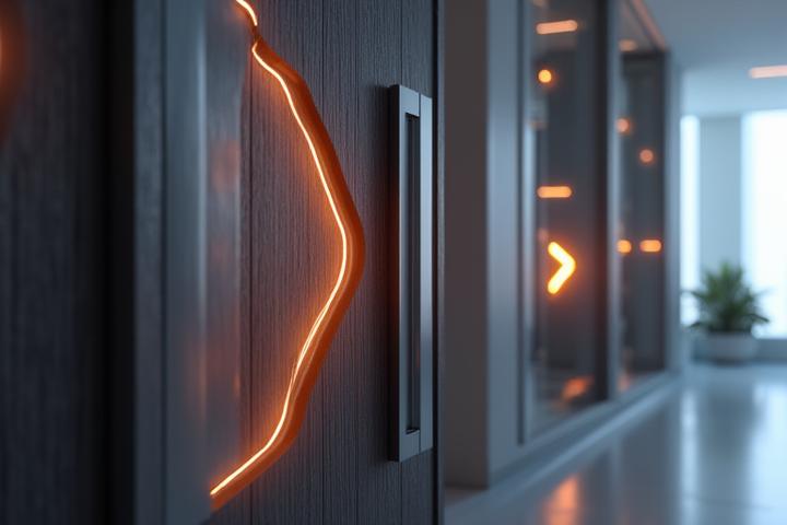 Conceptual rendering showing a futuristic 3D printed door component with integrated smart home technology glow