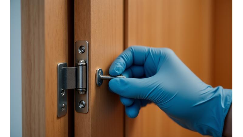 Hand adjusting a door hinge, symbolizing maintenance and long-term support for door longevity.