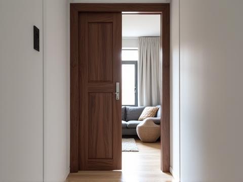 A striking, minimalist wooden pivot door serving as an elegant transition from a narrow hallway to the main living space in a contemporary small home.
